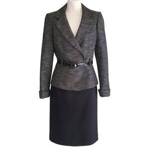 Tahari ASL Tweed Double Breasted Belted Jacket Black Skirt Suit Set Size 4